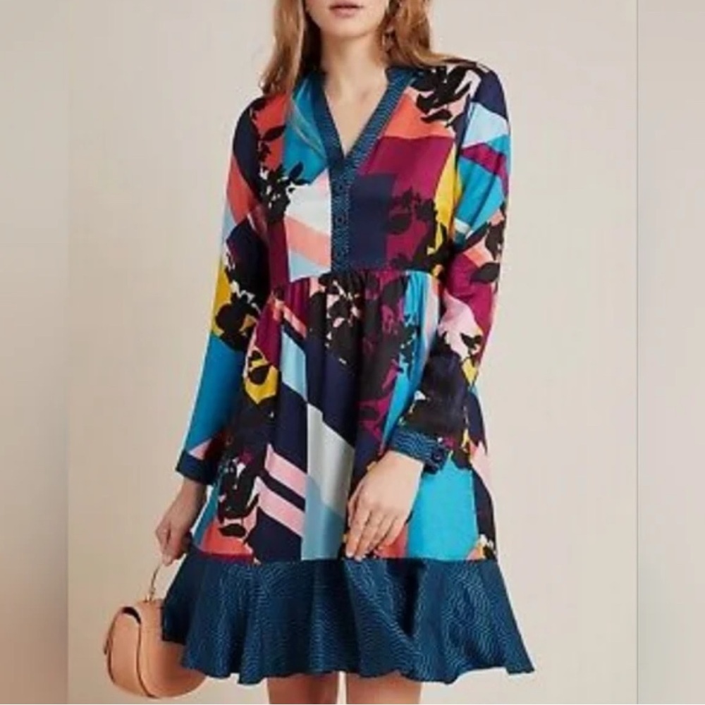 Anthropologie Maeve Gillian Abstract Shirt Dress MP colorful tiered swing new M